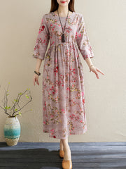 Vintage Floral Print Dress Crew Neck 3 4 Sleeve Dress Women's Clothing