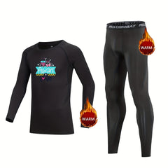 Kids Compression Fleece Sets, Cartoon Letter Pullover, Elastic Waist