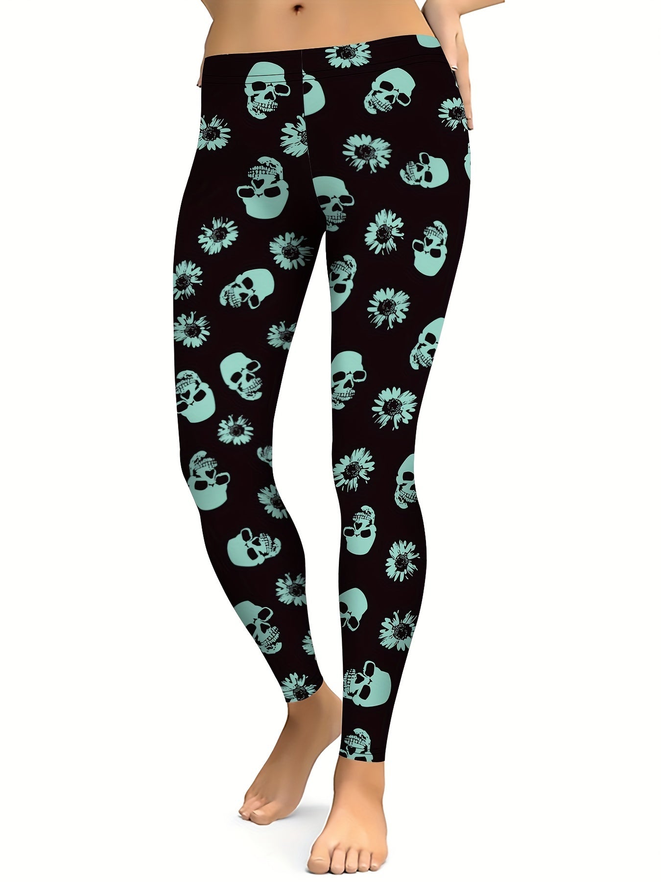 Skull Flower Graphic Sports Leggings Yoga Tight Pants Women