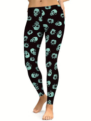 Skull Flower Graphic Sports Leggings Yoga Tight Pants Women