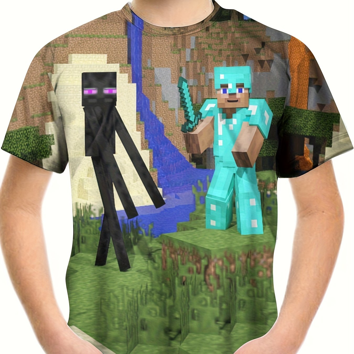 Pixel Man Fight Monster Print Tee Kids Casual Summer Top