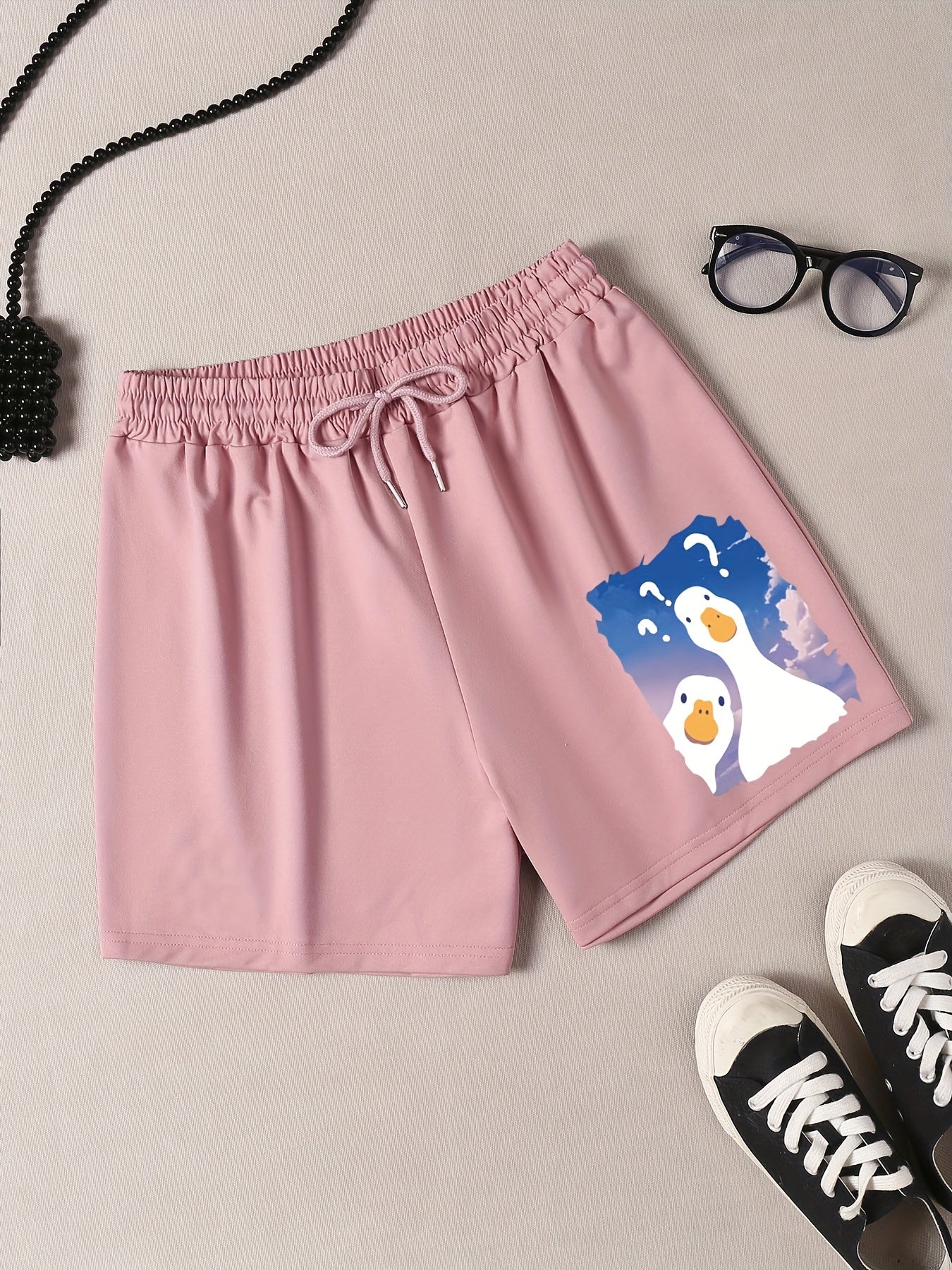 Goose Print Lounge Shorts Elastic Waist Sporty Pajama Shorts