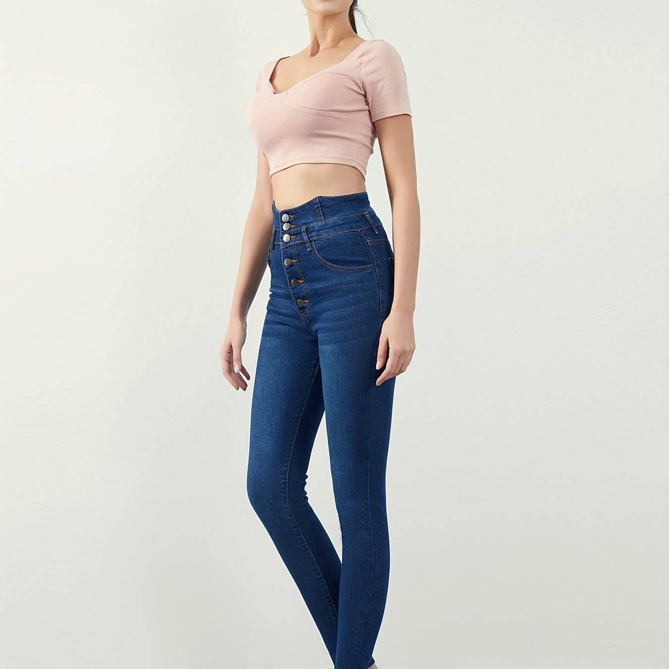 Dark Skinny Jeans High Waist Button Denim Pants