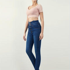 Dark Skinny Jeans High Waist Button Denim Pants