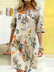 Floral Print Half Sleeve Notched Neck Dress