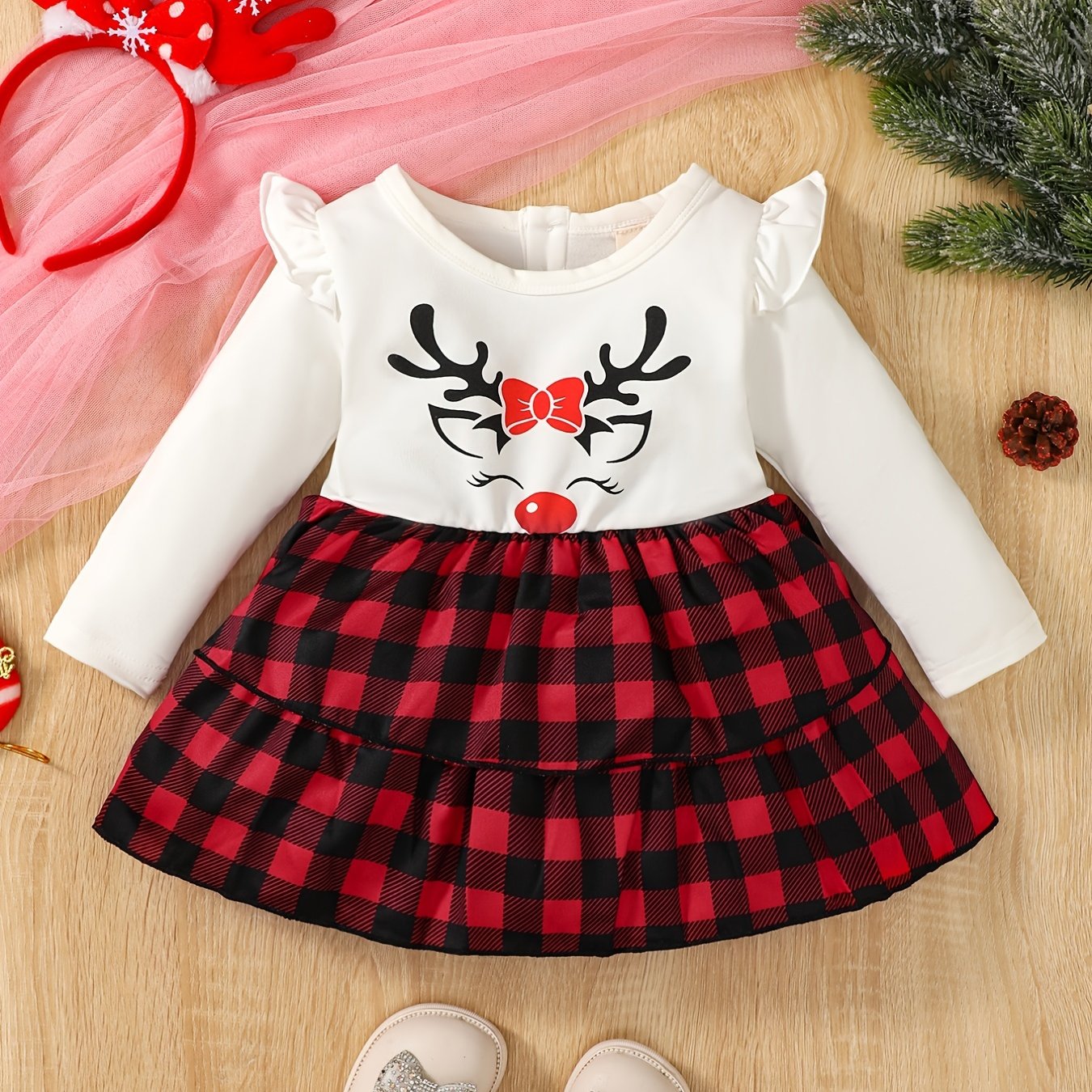 Baby Deer Print Plaid Stitching Dress