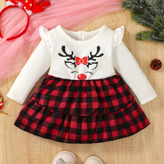 Baby Deer Print Plaid Stitching Dress