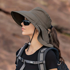 Women Ponytail Bucket Hat Neck Flap Adjustable Lanyard Solid Sun Hat
