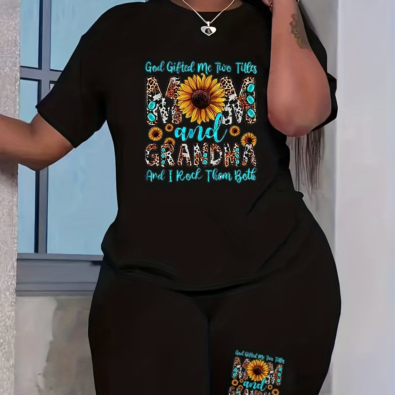 Women's Plus Sunflower & Slogan Print Top & Shorts Set