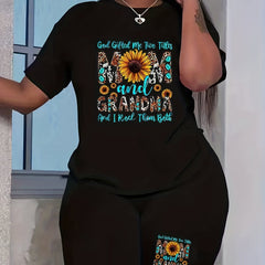 Women's Plus Sunflower & Slogan Print Top & Shorts Set