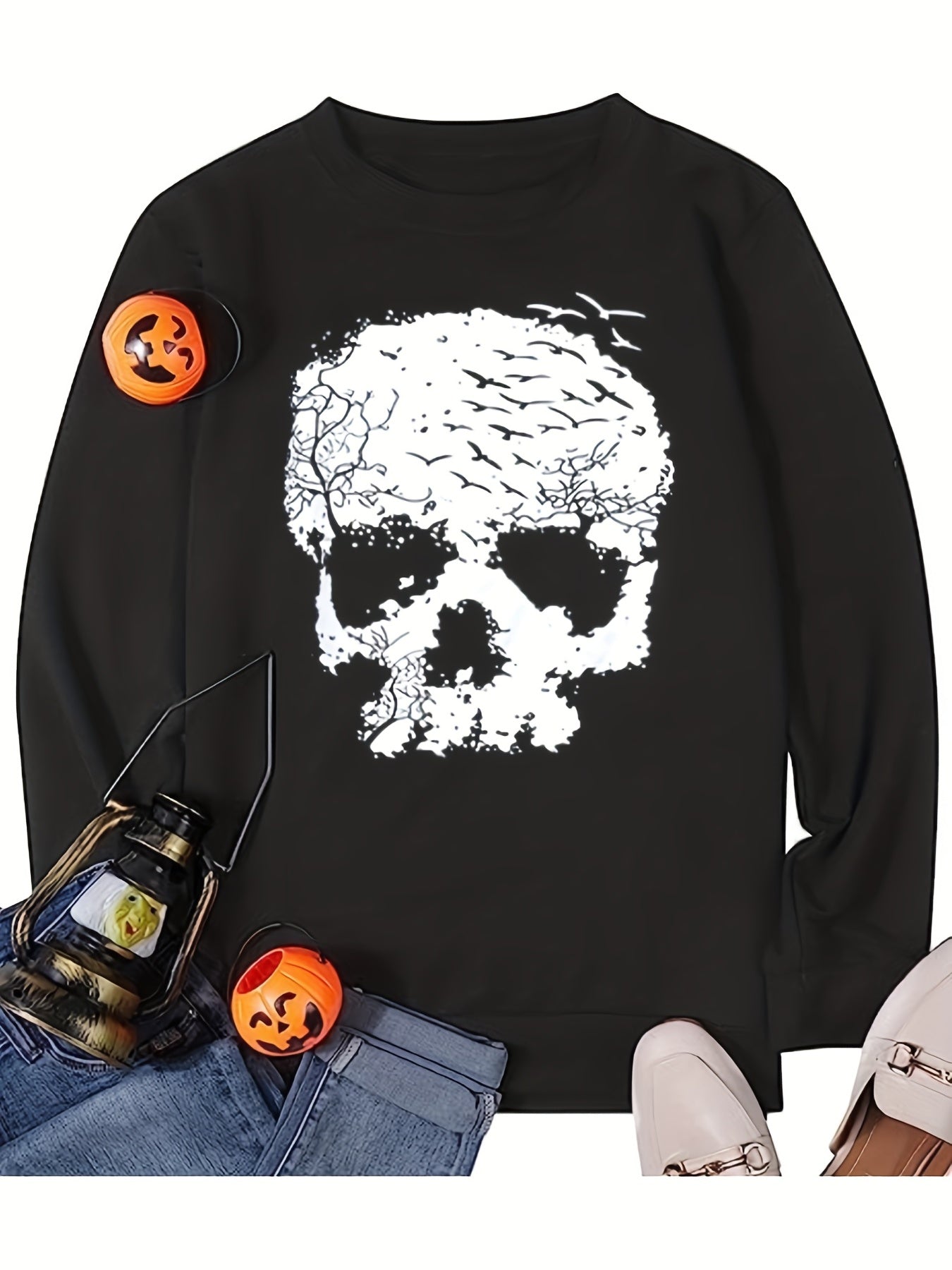 Halloween Skull Print Sweatshirt Long Sleeve Crew Neck Fall Winter Women's Cloth
