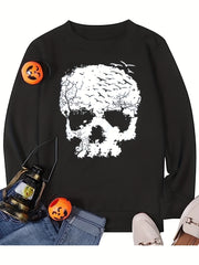 Halloween Skull Print Sweatshirt Long Sleeve Crew Neck Fall Winter Women's Cloth