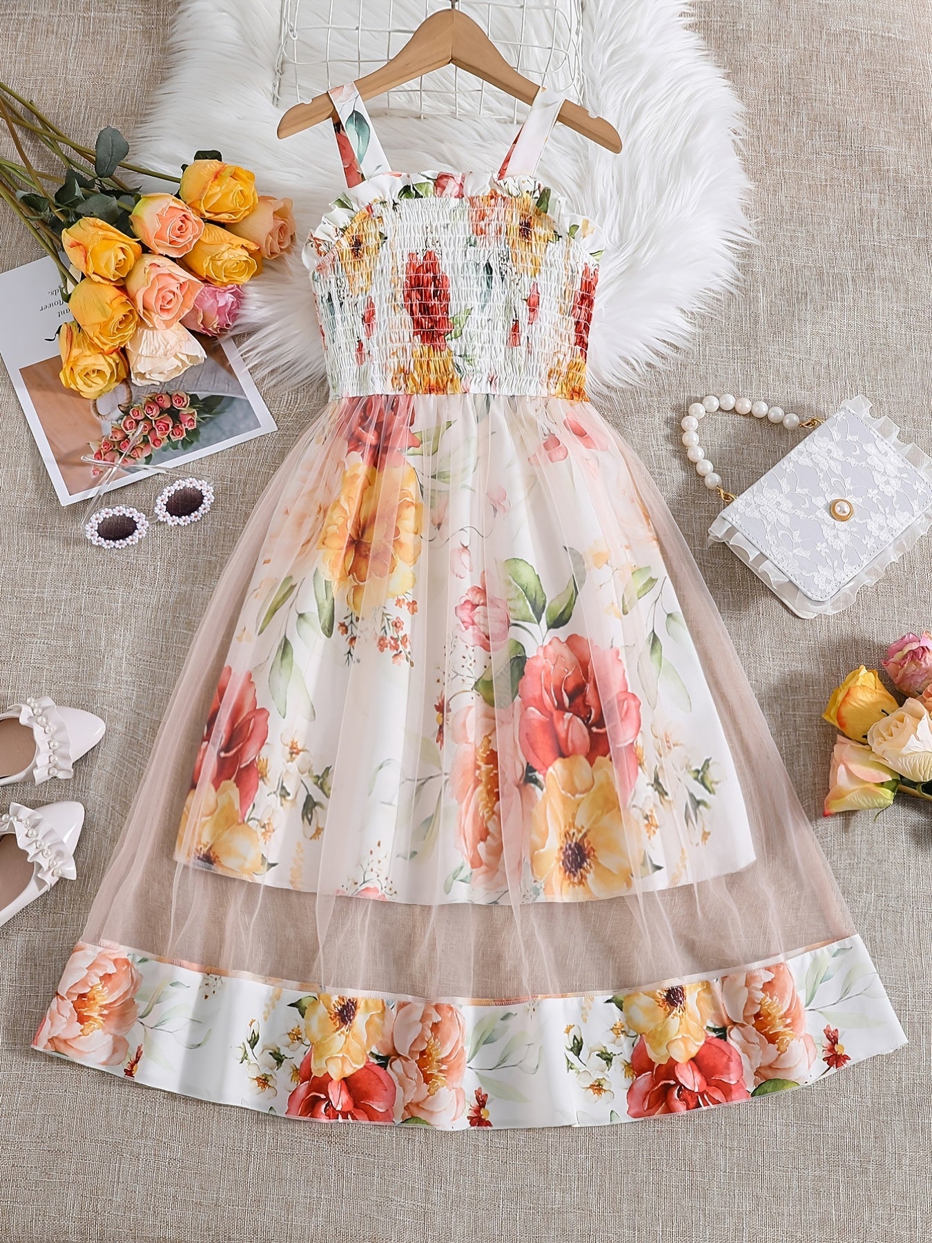 Girls Floral Print Mesh Sleeveless Cami Dress for Summer