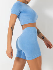 2pcs Seamless Workout Sets Crop Top & Biker Shorts Women's Activewear
