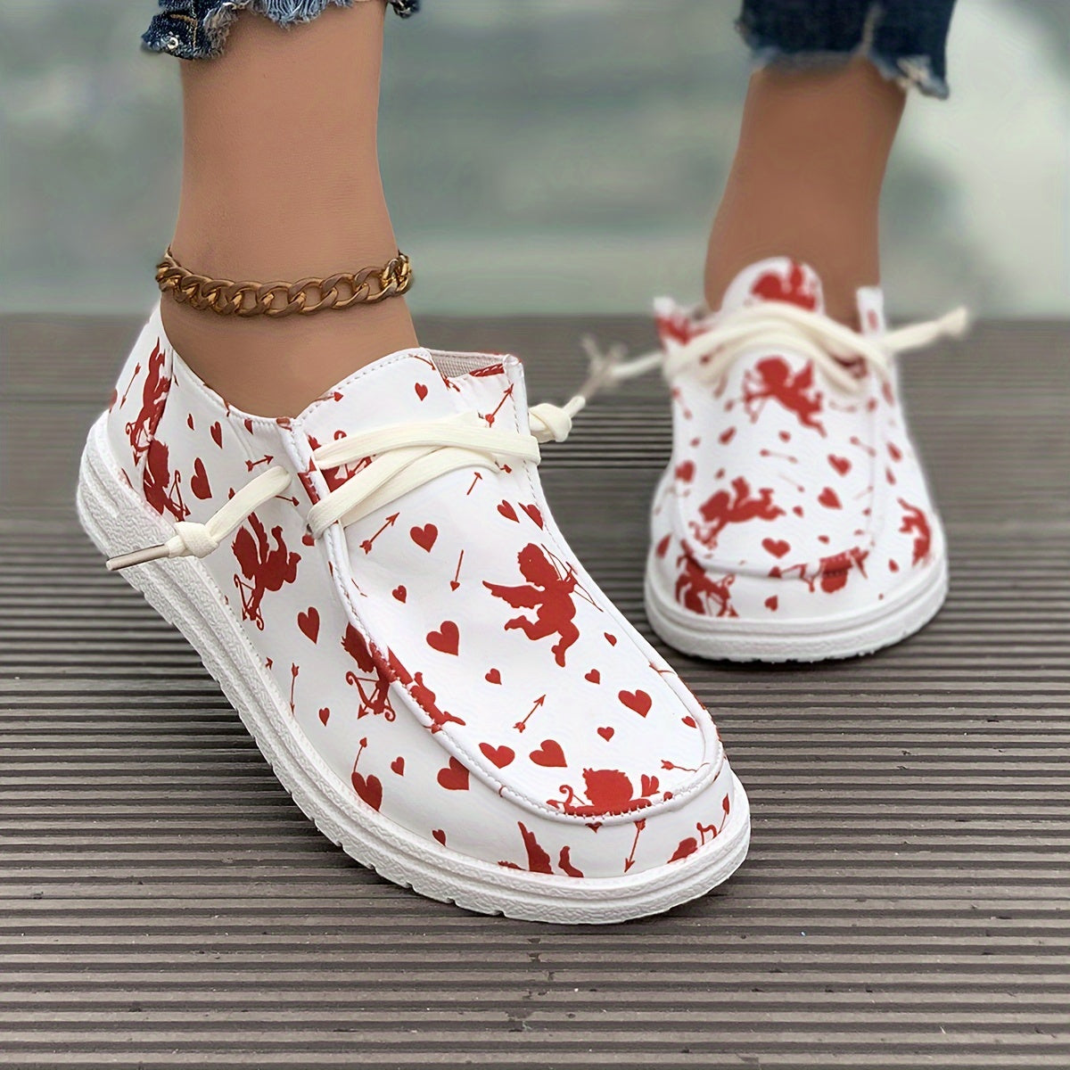 Women's Cupid & Heart Cartoon Design Skateboard Shoes