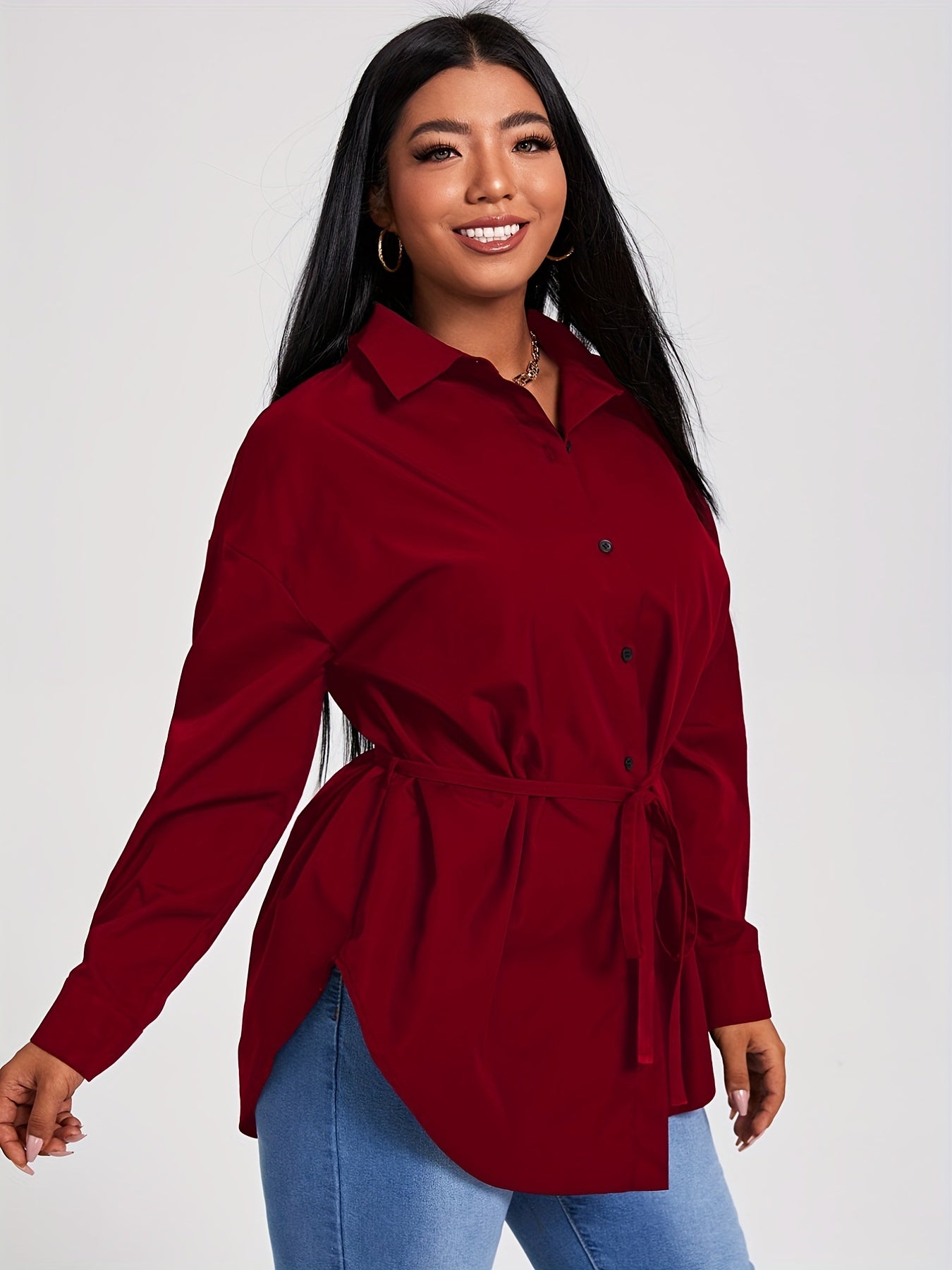 Women's Plus Long Sleeve Casual Blouse with Belt