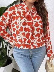 Casual Blouse Allover Heart Print Long Sleeve Bow Knot Tunic Top