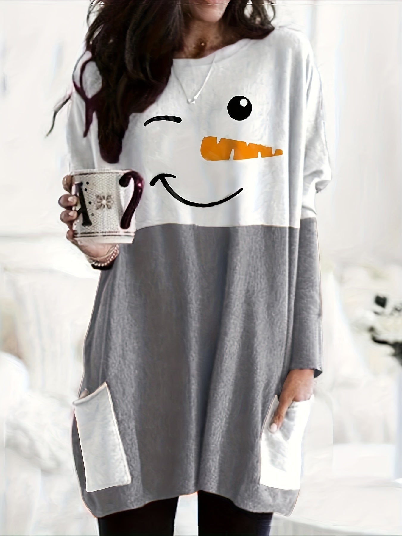 Snowman Print Long Sleeve Tee Dress With Pockets