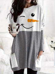 Snowman Print Long Sleeve Tee Dress With Pockets