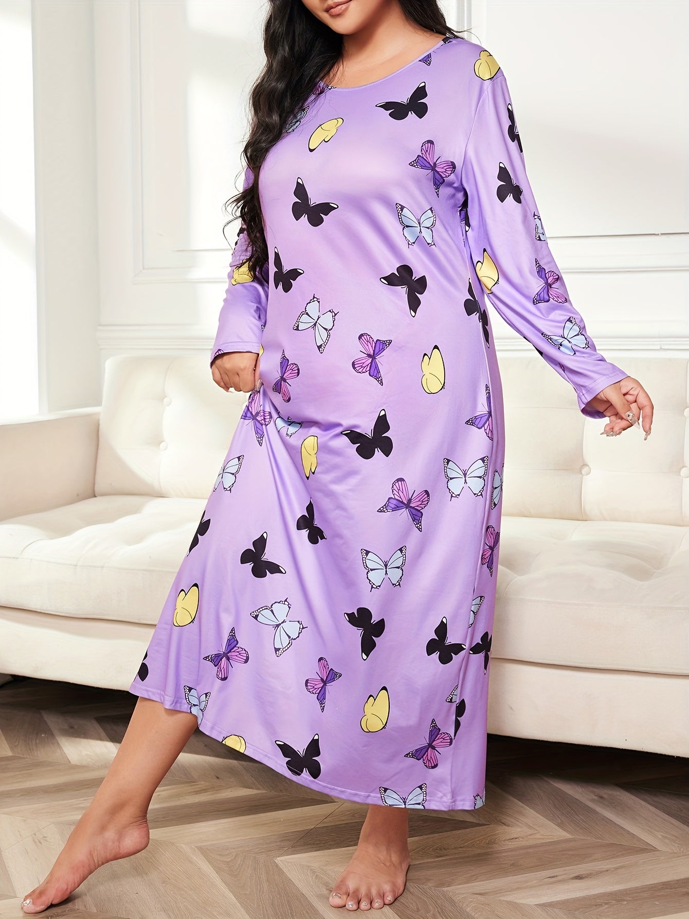 Casual Nightdress Women's Plus Butterfly Print Long Sleeve Tee