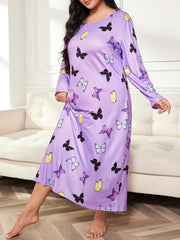 Casual Nightdress Women's Plus Butterfly Print Long Sleeve Tee