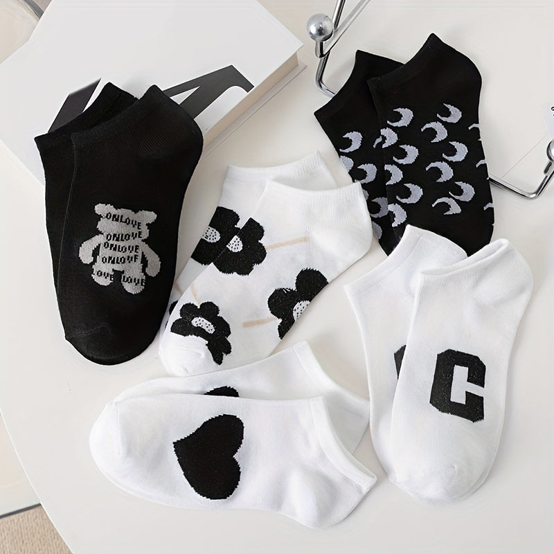 5 Pairs Letter & Floral Print Low Cut Socks for Women