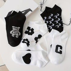 5 Pairs Letter & Floral Print Low Cut Socks for Women