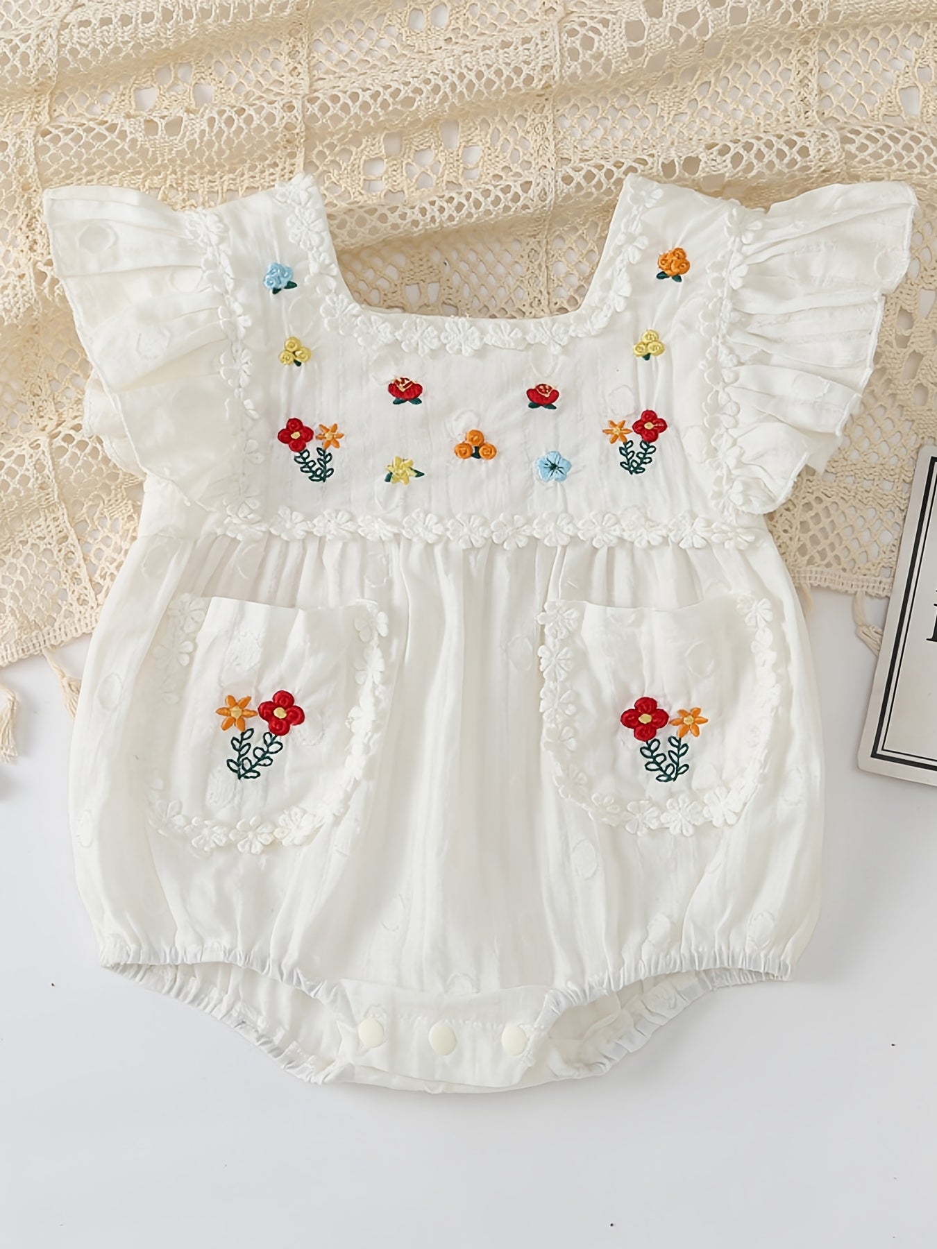 Infant Ruffles Short Sleeve Romper Flower Embroidery Bodysuit Onesies