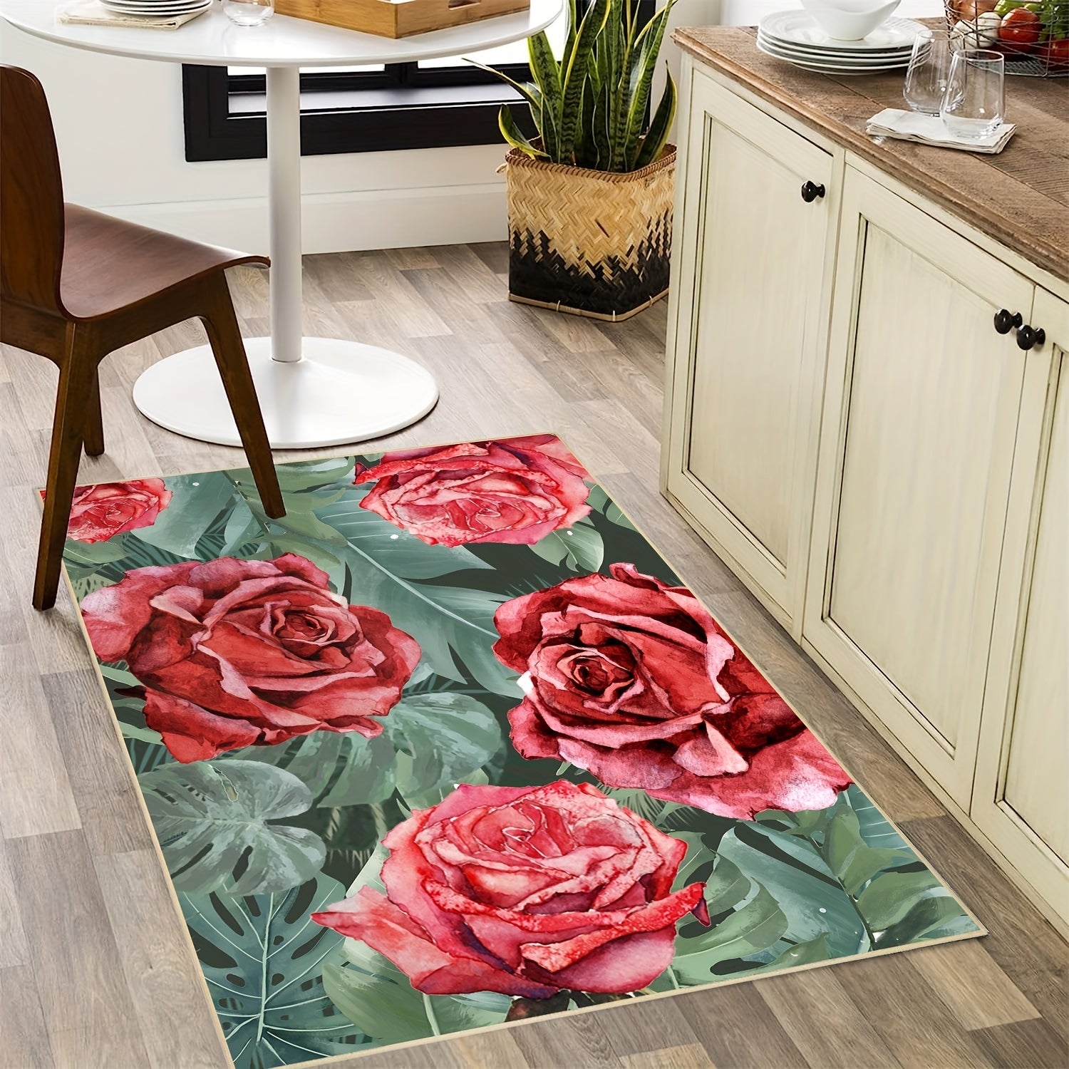 Red Rose Area Rug Faux Wool Floral Rugs Non Slip Washable Entryway Rug Carpet