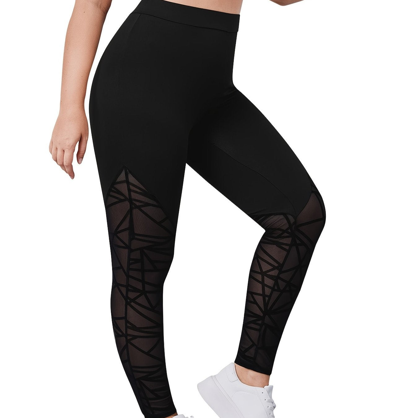 Solid Contrast Mesh High Rise Leggings Plus Size