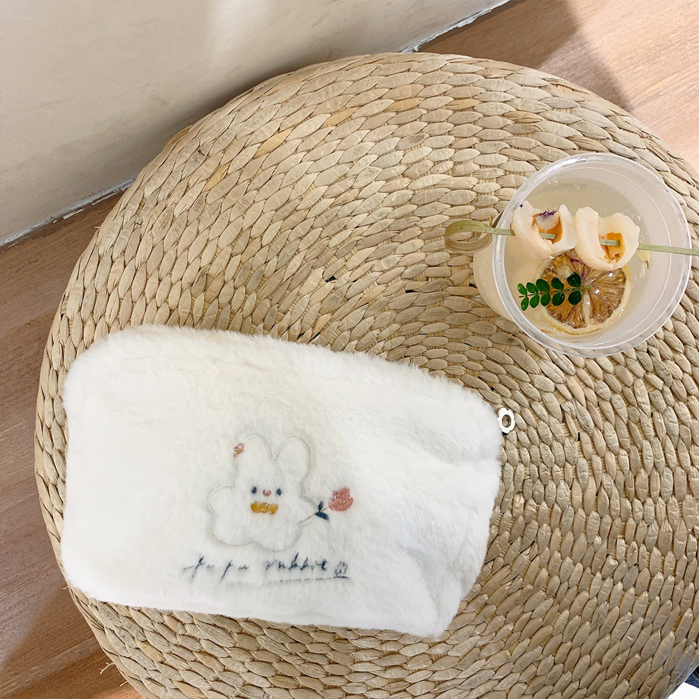 Embroidered Rabbit Cosmetic Bag Soft Plush Travel Makeup Pouch