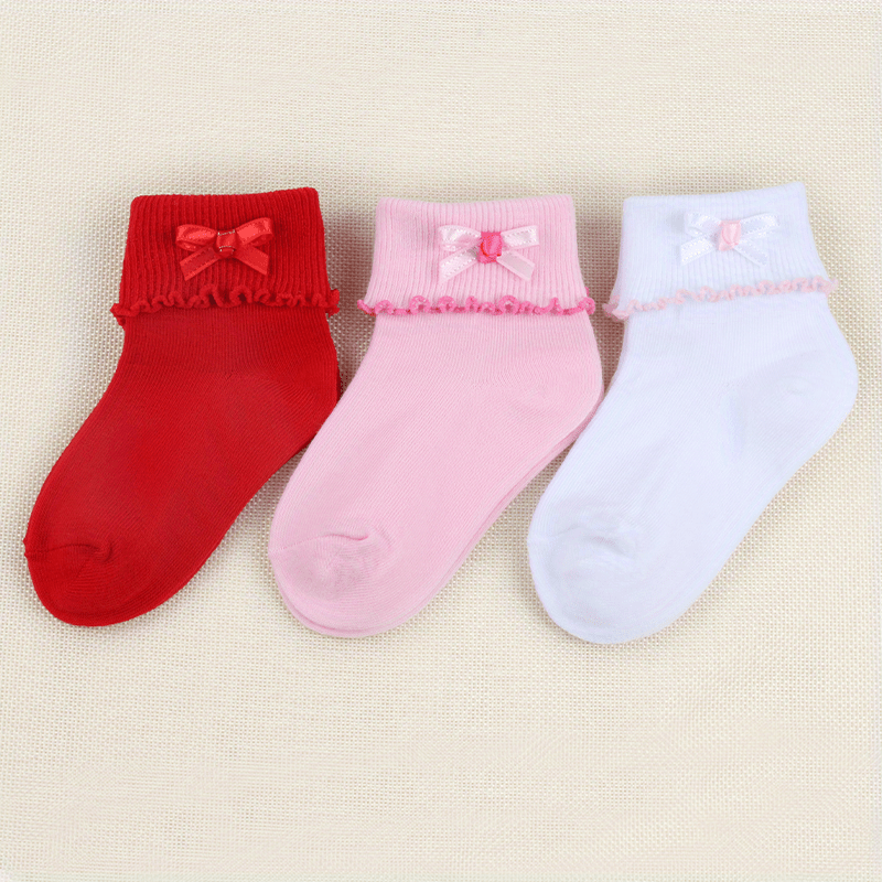 3 Pairs Girls Bowknot Lace Crew Socks