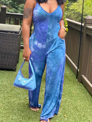 Tie Dye Spaghetti Strap Jumpsuit Sexy V Neck Sleeveless Wide Leg Jumpsuit