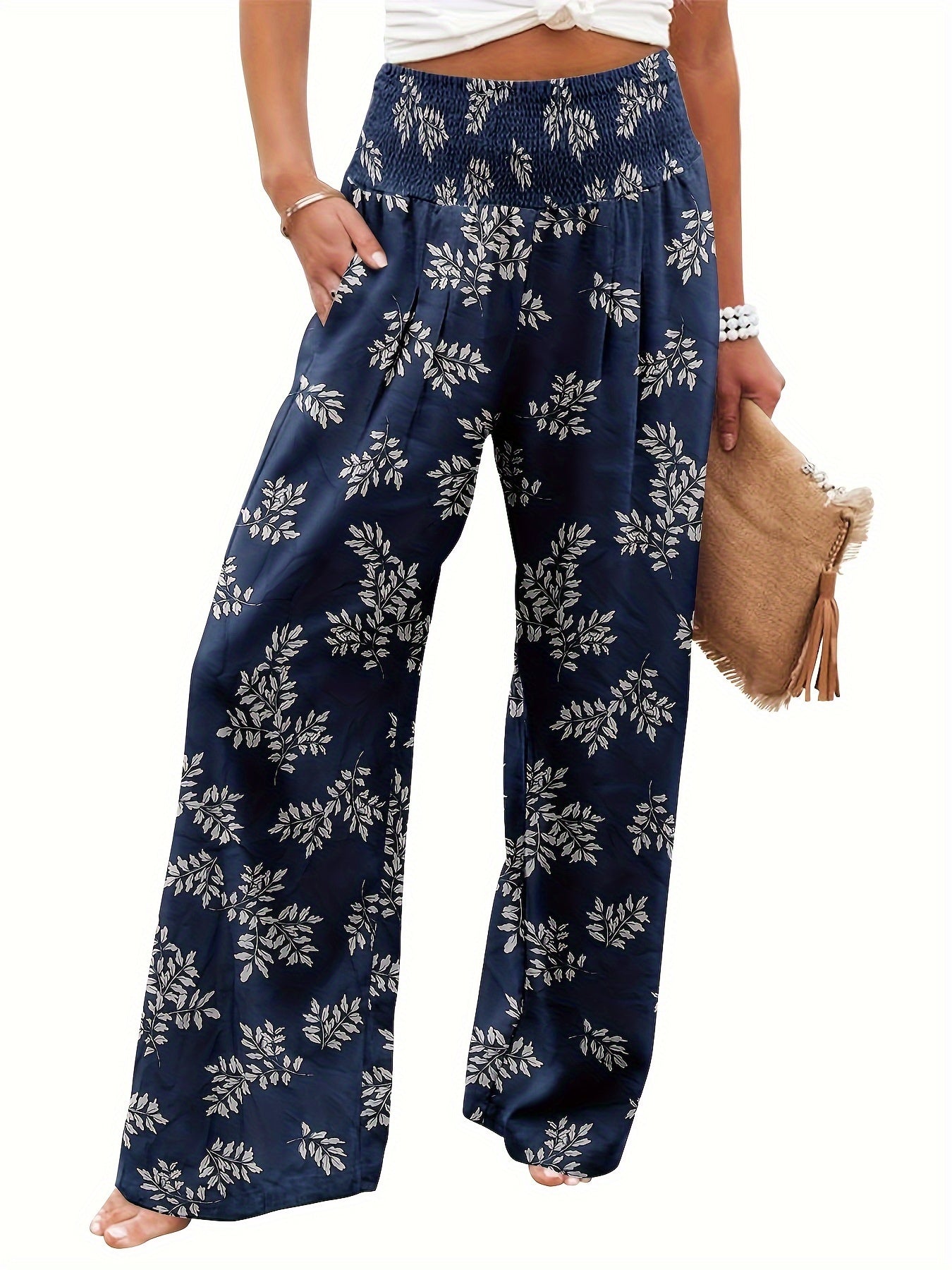 Women's Plus Floral Print Shirred Waist Wide Leg Trousers