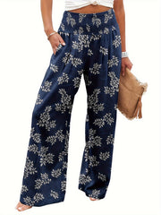 Women's Plus Floral Print Shirred Waist Wide Leg Trousers