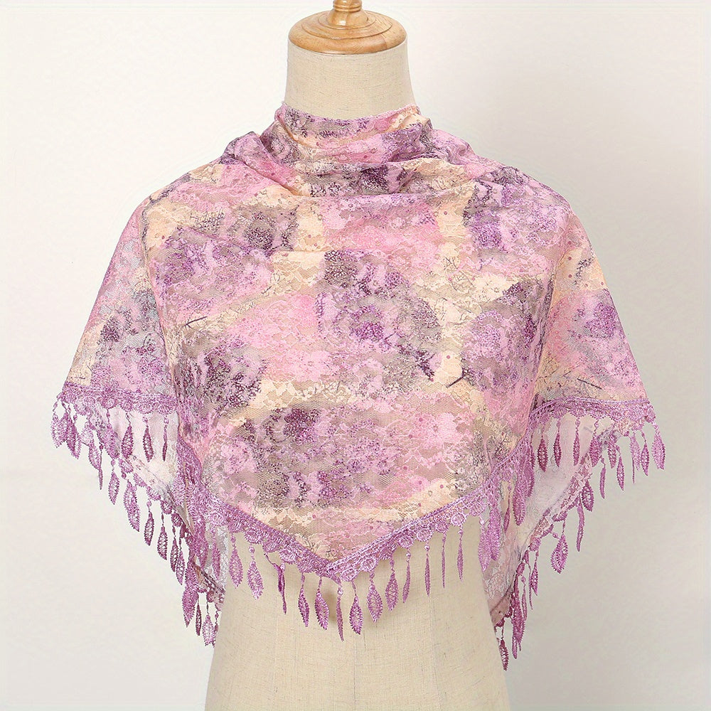 Flower Print Triangle Scarf Tassel Shawl