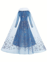 Girl's Velvet Princess Dress Snowflake Print Long Sleeve Dress