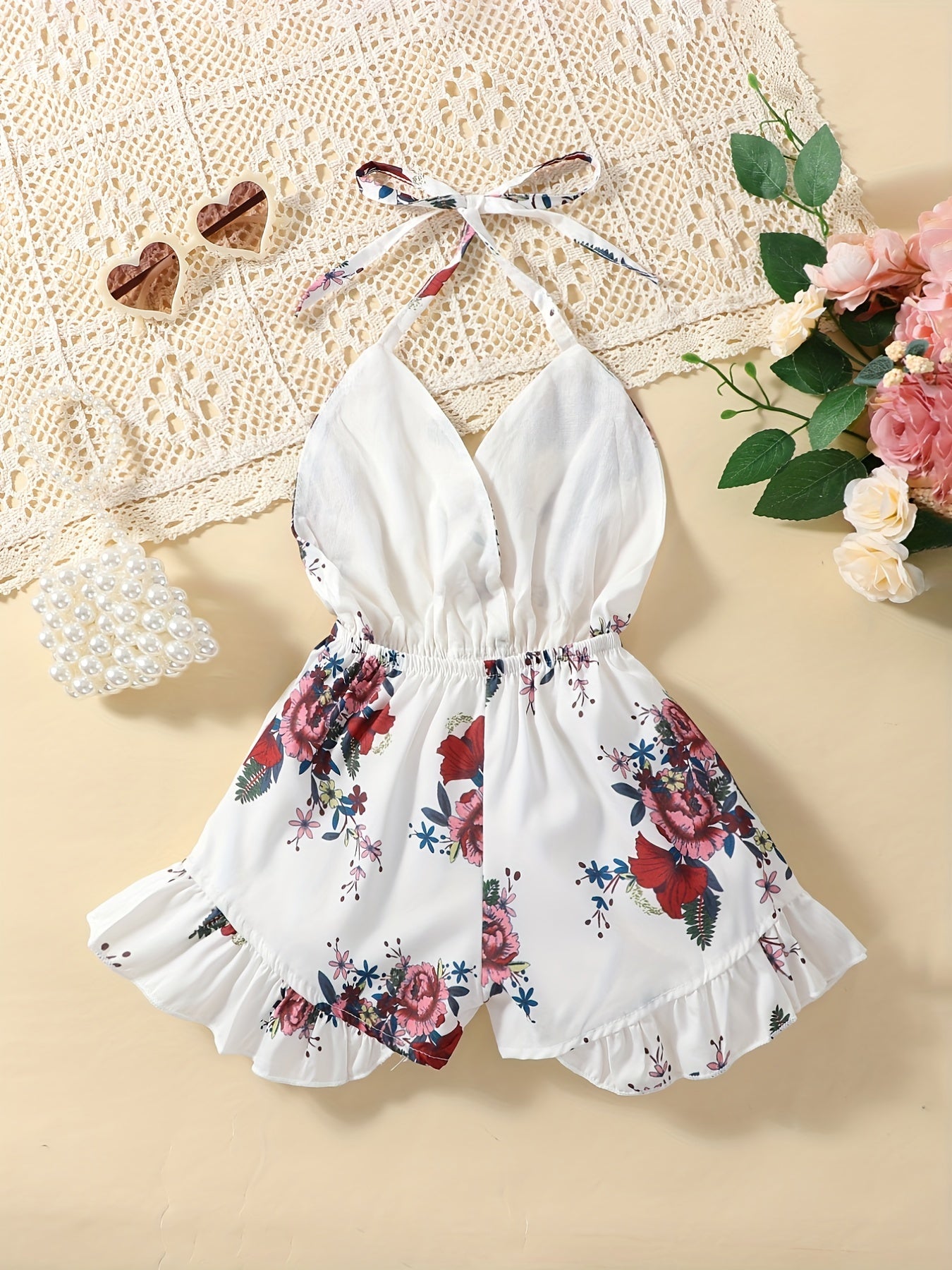 Girls Floral Print Wrap Front Casual Romper Shorts For Beach Vacation