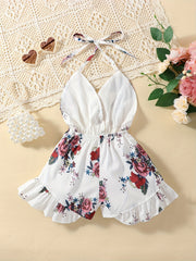 Girls Floral Print Wrap Front Casual Romper Shorts For Beach Vacation