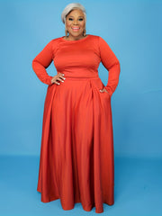 Women's Plus Solid Long Sleeve Top & Maxi Skirt Set