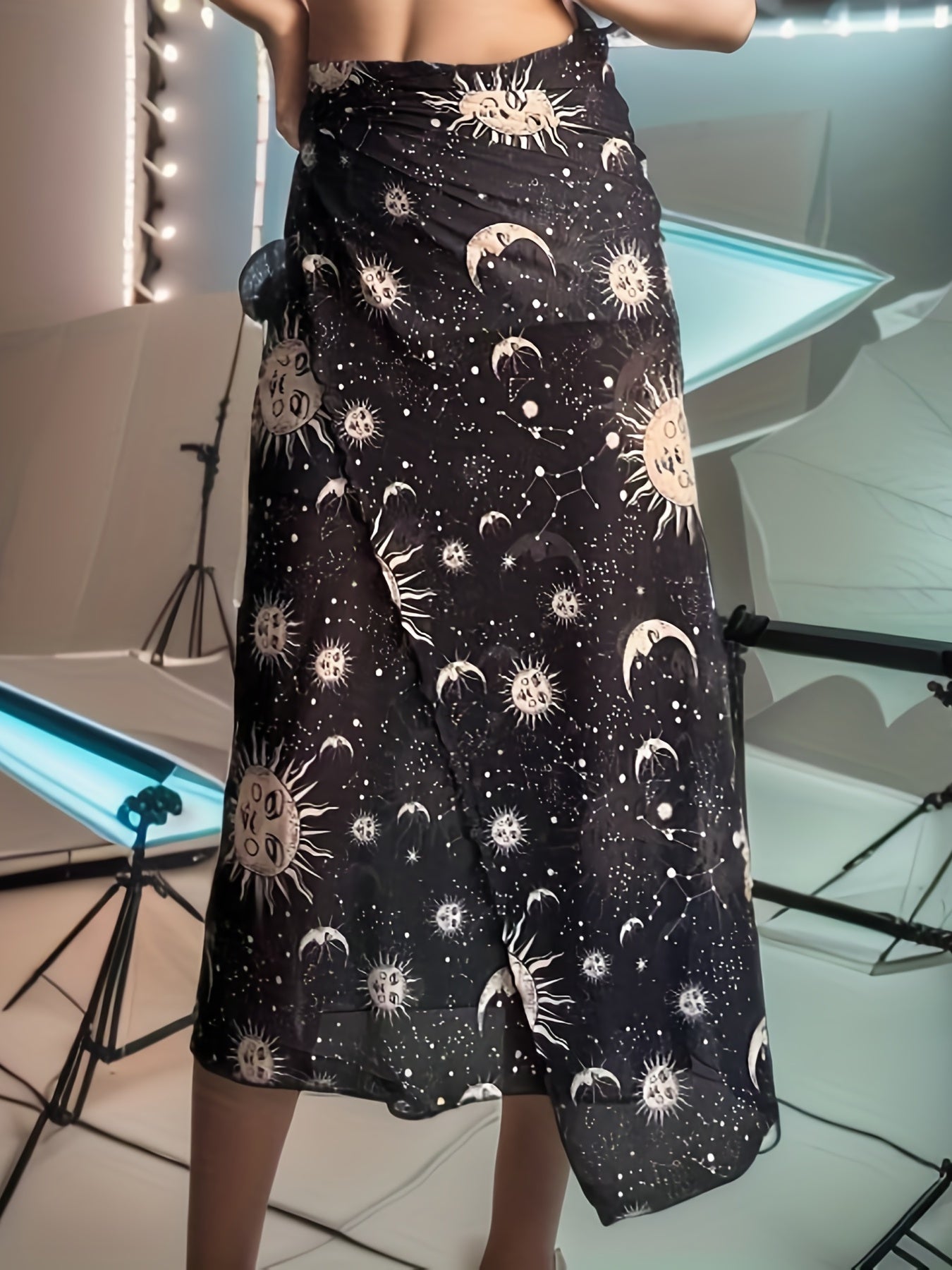 Moon & Sun Pattern Mesh Skirt Hippie Semi Sheer Skirt