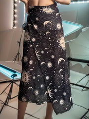 Moon & Sun Pattern Mesh Skirt Hippie Semi Sheer Skirt