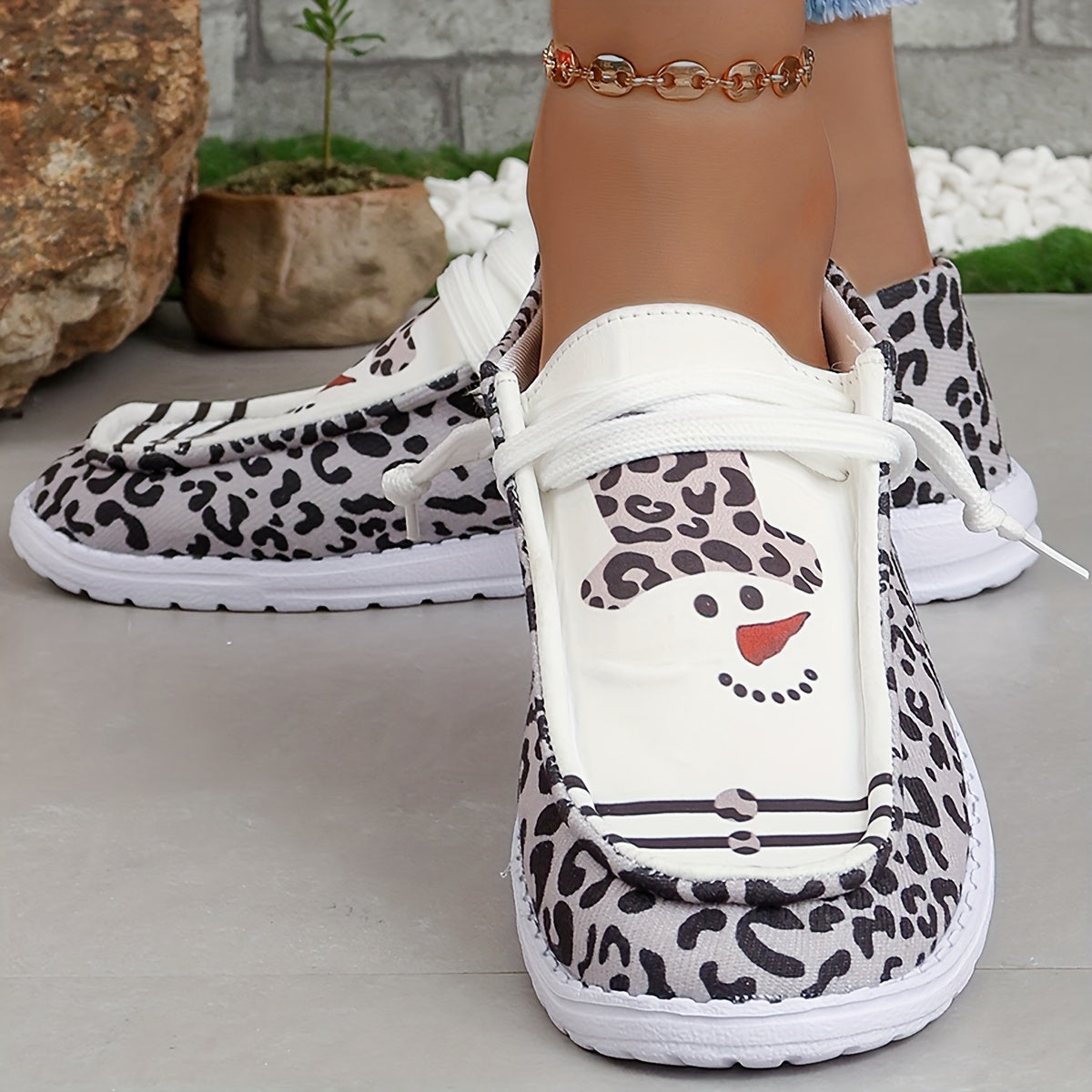 Christmas Snowman & Leopard Pattern Flat Shoes Women's Casual Shoe