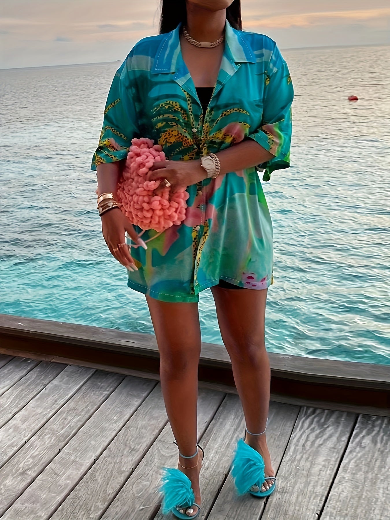 Vacay Blouse Women's Plus Random Print Button Up Half Sleeve