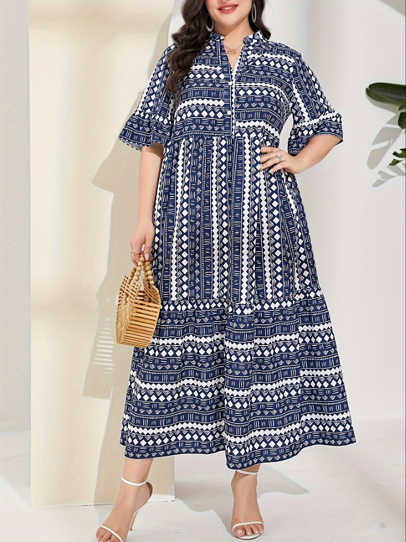 Colorblock Geometric Bell Sleeve Maxi Dress