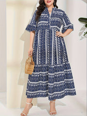 Colorblock Geometric Bell Sleeve Maxi Dress