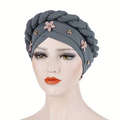 Beads Flower Turban Cap Twist Braid Head Scarf