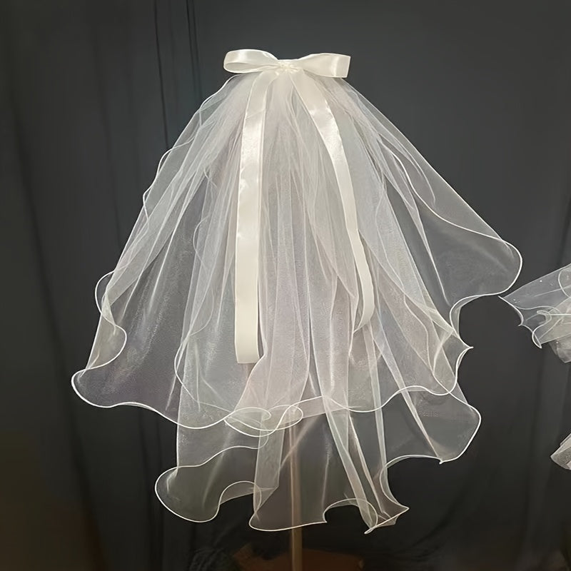 Romantic Bridal Wedding Veil with Bow Soft Tulle Cape Shawl for Bride