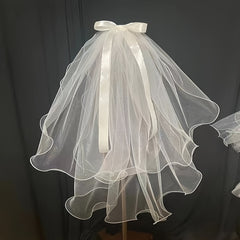 Romantic Bridal Wedding Veil with Bow Soft Tulle Cape Shawl for Bride