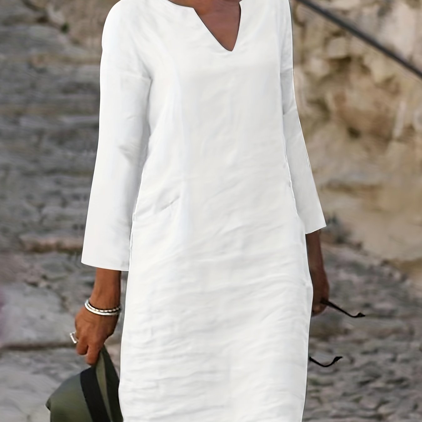 Notched Neck Long Sleeve Dress